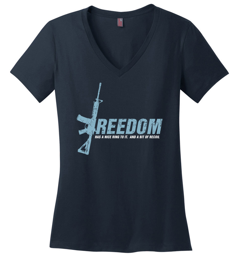 Freedom Has a Nice Ring to It. And a Bit of Recoil - Women's Pro Gun Clothing - Navy V-Neck T Shirt