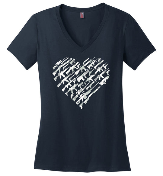 I Love Guns, Heart Made of Guns - Women's V-Neck T Shirt - Navy