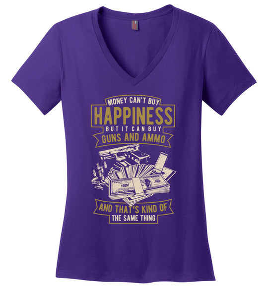 Money Can't Buy Happiness But It Can Buy Guns and Ammo - Women's V-Neck Tee - Purple