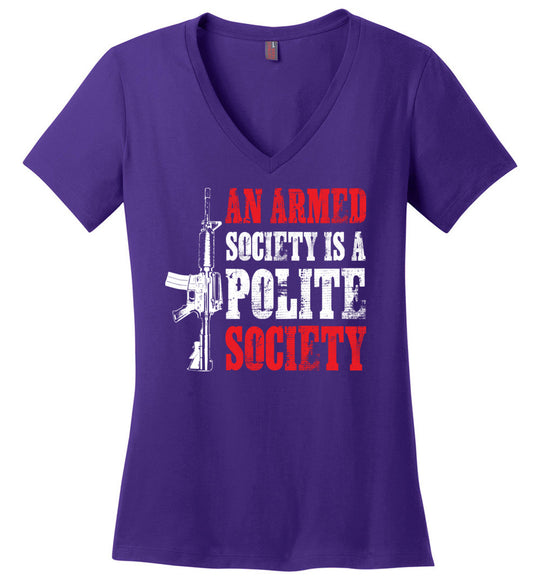 An Armed Society is a Polite Society - Shooting Ladies V-Neck Tshirt - Purple