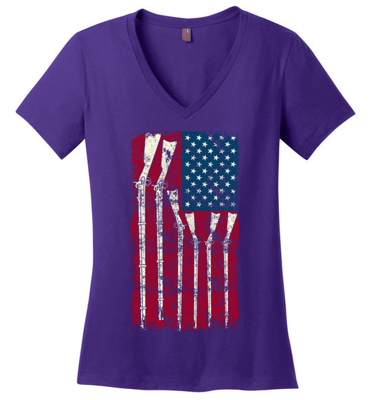 American Flag with Guns - 2nd Amendment Women's V-Neck T Shirts - Purple