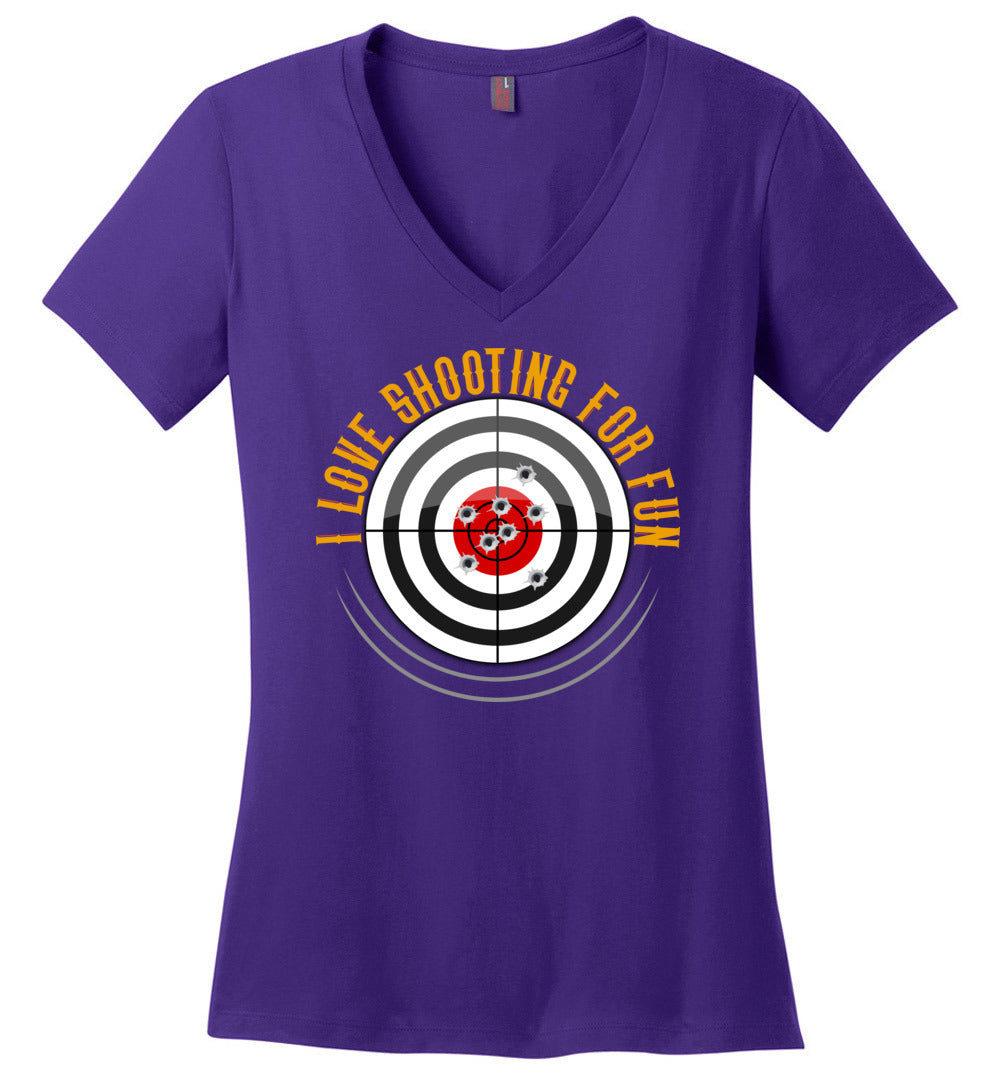 I Love Shooting for Fun - Women's Pro Gun Apparel - Purple V-Neck T Shirts