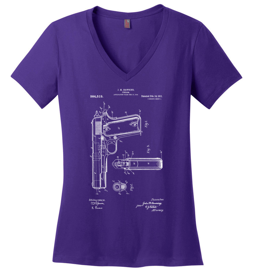 Colt Browning 1911 Handgun Patent Women's V-Neck Tshirt - Purple