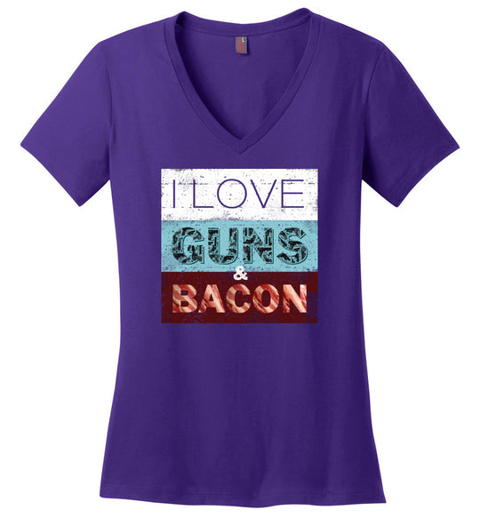 I Love Guns & Bacon - Women's Pro Firearms Apparel - Purple V-Neck T-Shirt