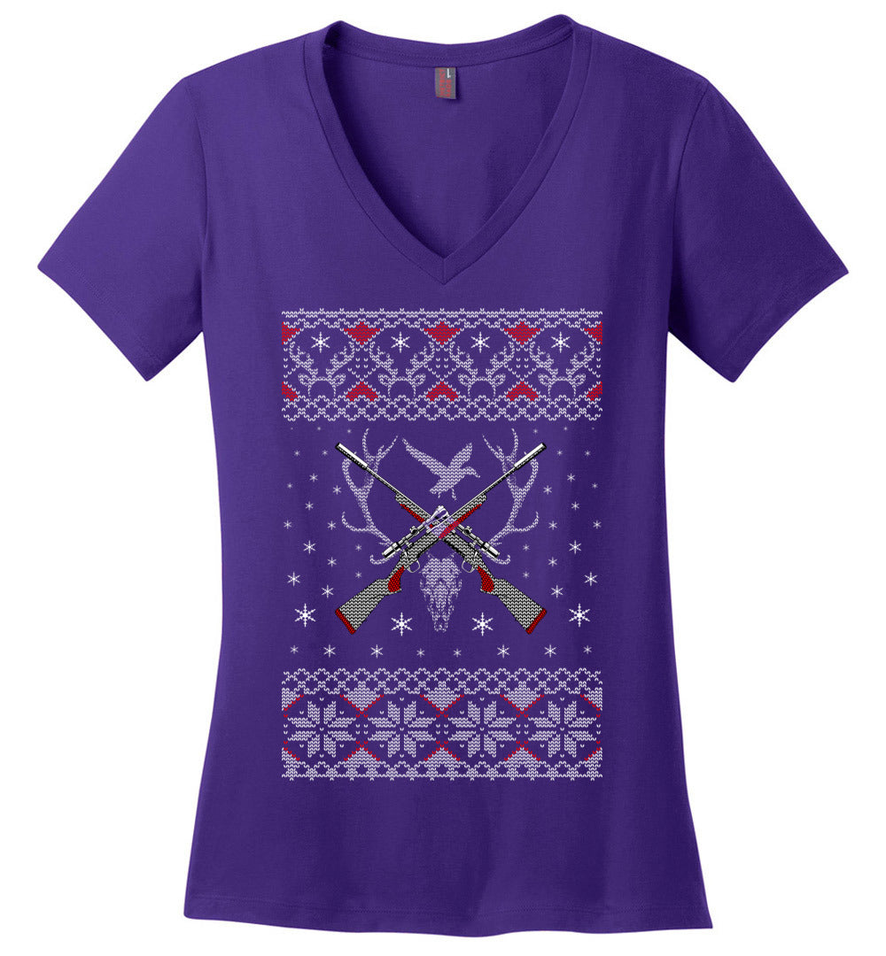 Hunting Ugly Christmas Sweater - Ladies V-Neck Tshirt - Purple