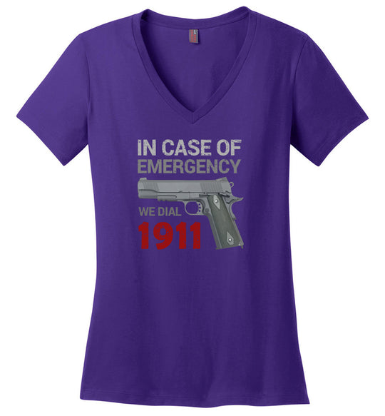 In Case of Emergency We Dial 1911 Pro Gun Women's V-Neck T-Shirt - Purple