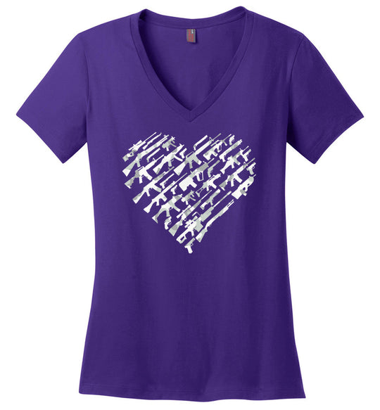 I Love Guns, Heart Made of Guns - Women's V-Neck T Shirt - Purple