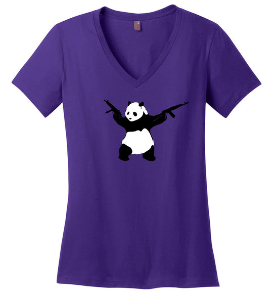 Banksy Style Panda with Guns - AK-47 Women's T Shirt - Purple