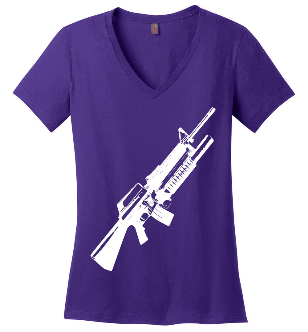 M16A2 Rifles with M203 Grenade Launcher - Pro Gun Tactical Ladies V-Neck Tee - Purple