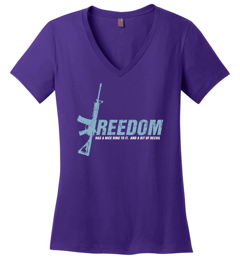 Freedom Has a Nice Ring to It. And a Bit of Recoil - Women's Pro Gun Clothing - Purple V-Neck T Shirt