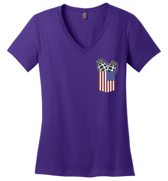 Pocket With Grenades Ladies 2nd Amendment V-Neck T-Shirt - Purple
