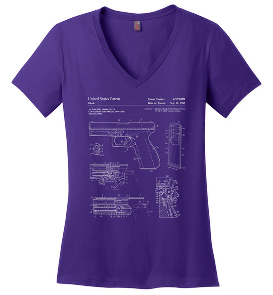Glock Handgun Patent Women's V-Neck T Shirts - Purple