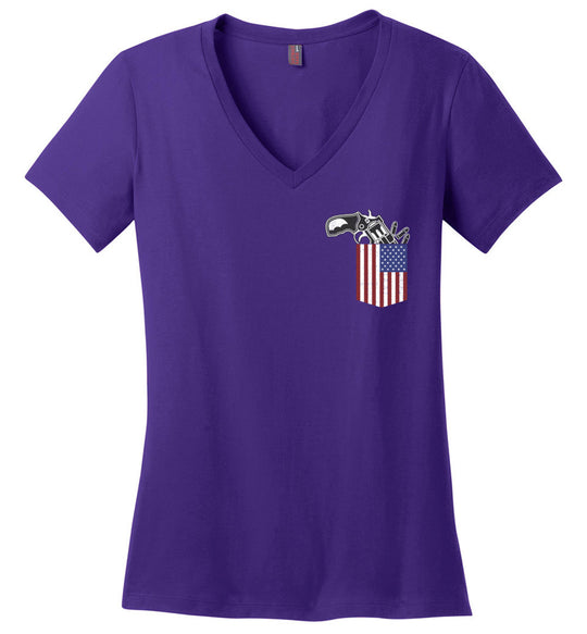 Gun in the Pocket, USA Flag-2nd Amendment Ladies V-Neck T Shirts-Purple