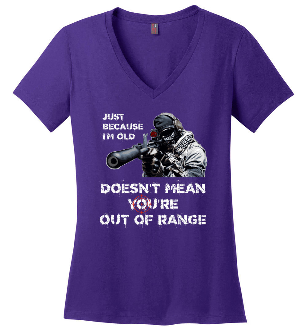 Just Because I'm Old Doesn't Mean You're Out of Range - Pro Gun Women's V-Neck T-Shirt - Purple
