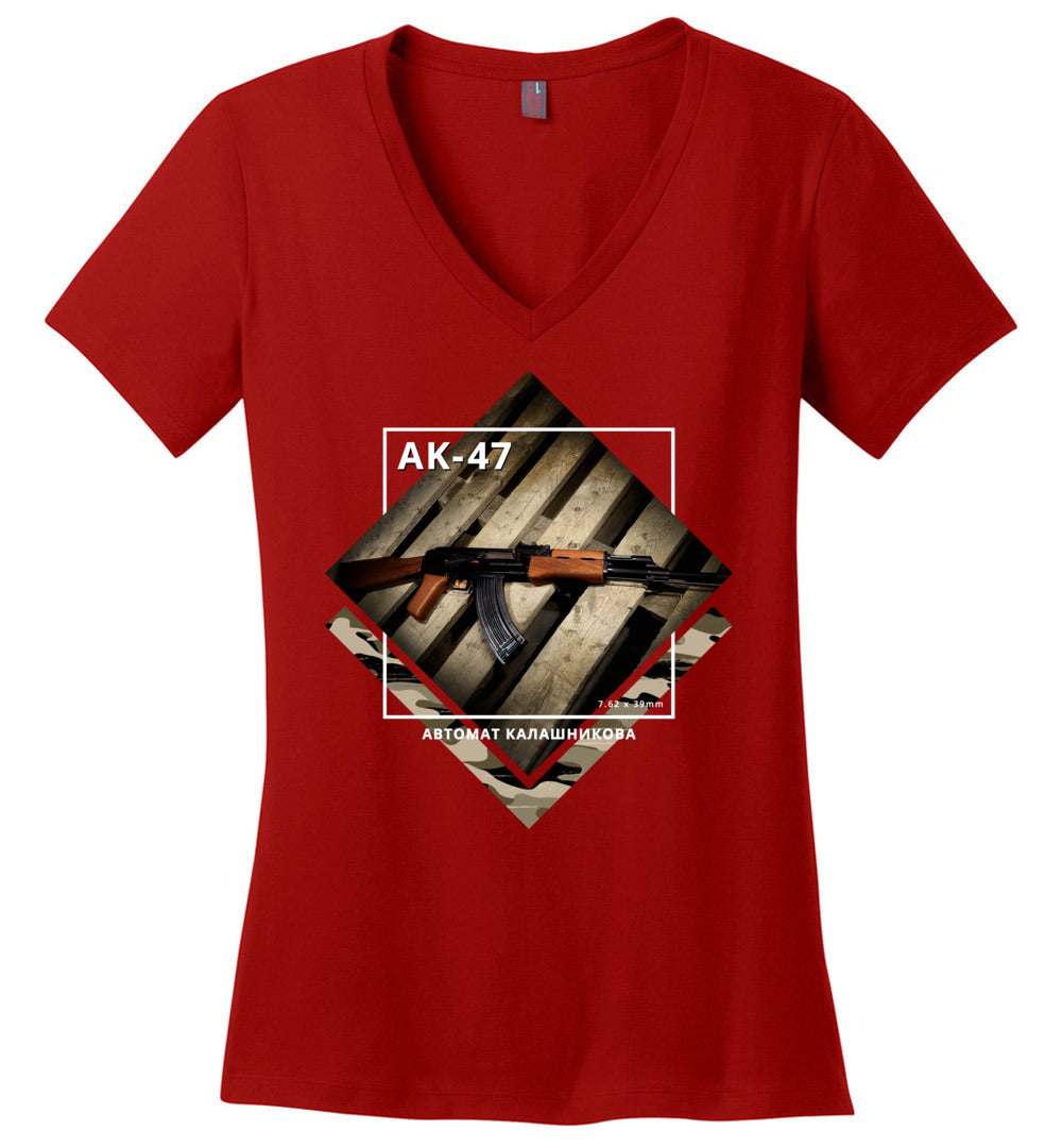 AK-47 Rifle - Tactical Ladies Apparel - Red V-Neck Tee