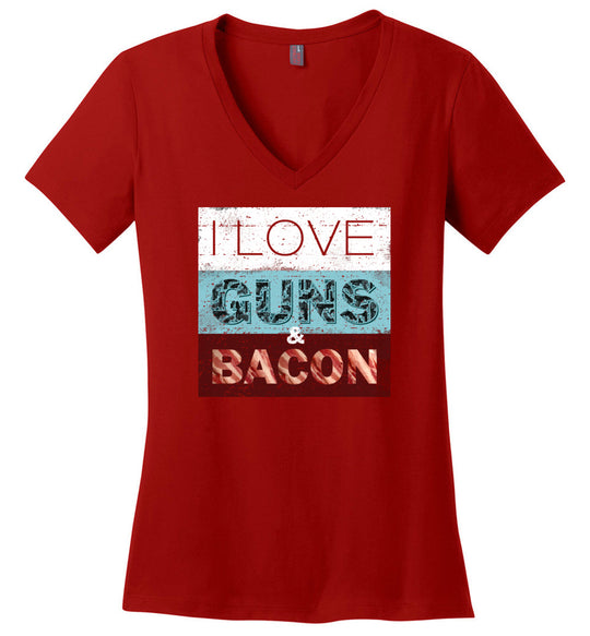 I Love Guns & Bacon - Women's Pro Firearms Apparel - Red V-Neck T-Shirt