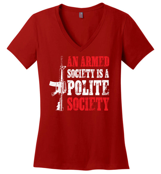 An Armed Society is a Polite Society - Shooting Ladies V-Neck Tshirt - Red