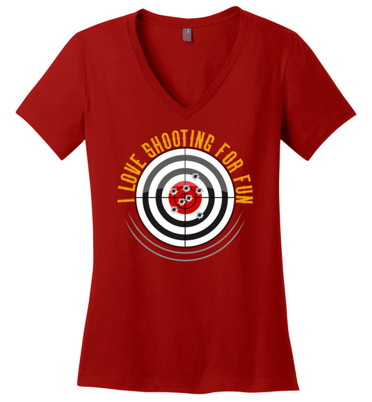 I Love Shooting for Fun - Women's Pro Gun Apparel - Red V-Neck T Shirts