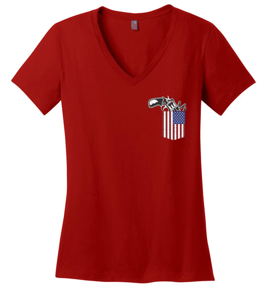 Gun in the Pocket, USA Flag-2nd Amendment Ladies V-Neck T Shirts-Red