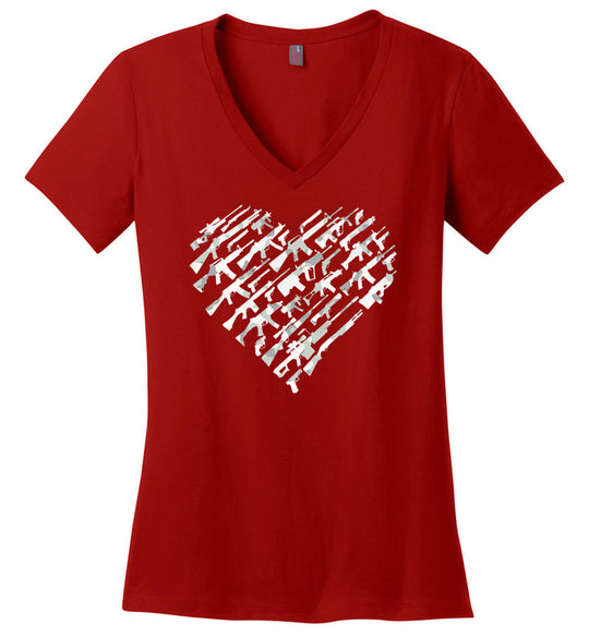 I Love Guns, Heart Made of Guns - Women's V-Neck T Shirt - Red