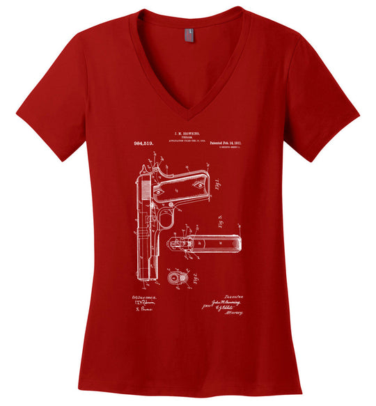 Colt Browning 1911 Handgun Patent Women's V-Neck Tshirt - Red