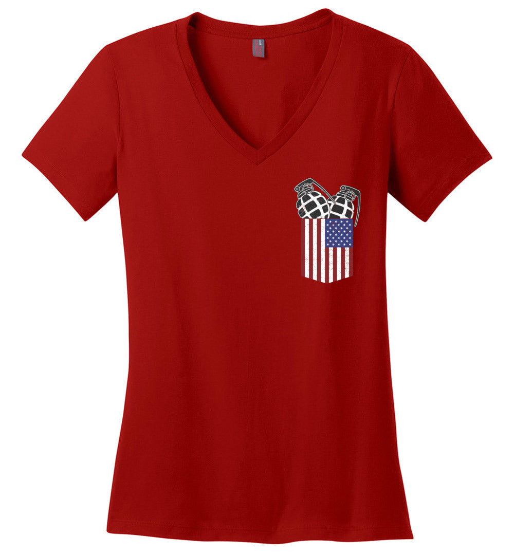 Pocket With Grenades Ladies 2nd Amendment V-Neck T-Shirt - Red