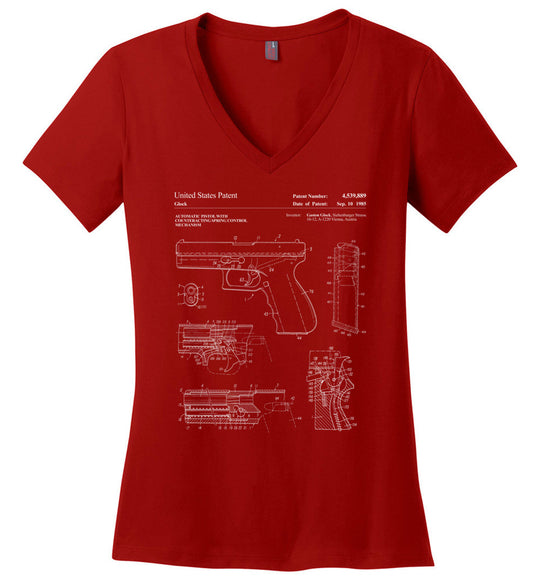 Glock Handgun Patent Women's V-Neck T Shirts - Red
