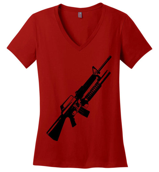 M16A2 Rifles with M203 Grenade Launcher - Pro Gun Tactical Ladies V-Neck Tee - Red