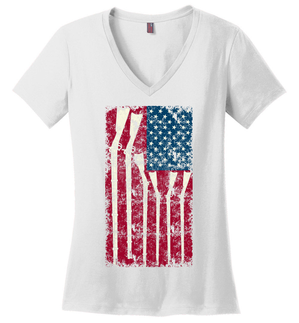 American Flag with Guns - 2nd Amendment Women's V-Neck T Shirts - White
