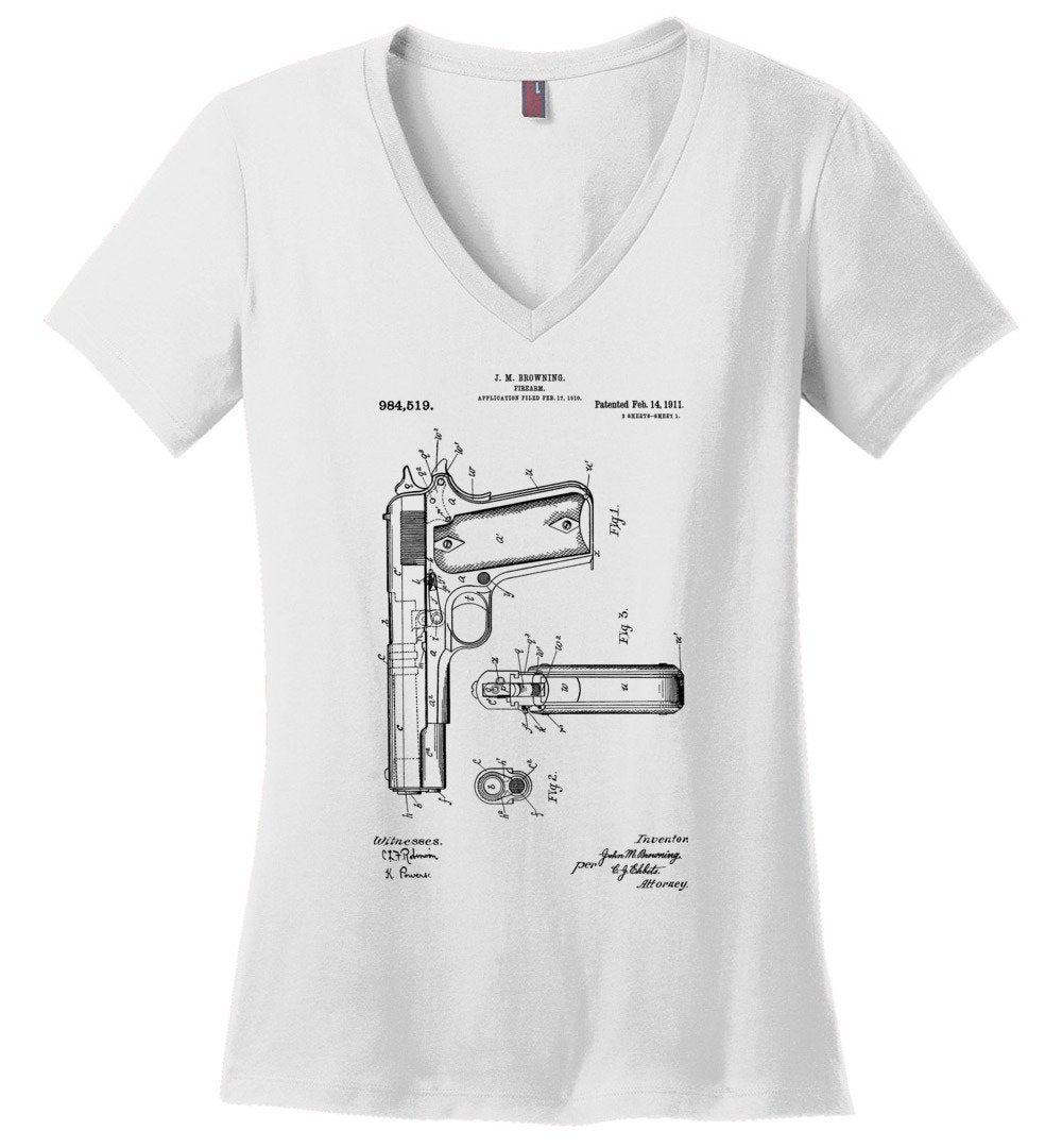 Colt Browning 1911 Handgun Patent Women's V-Neck Tshirt - White