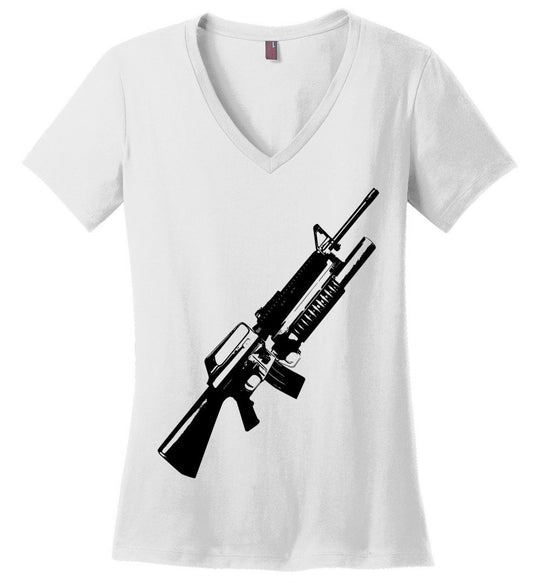 M16A2 Rifles with M203 Grenade Launcher - Pro Gun Tactical Ladies V-Neck Tee - White