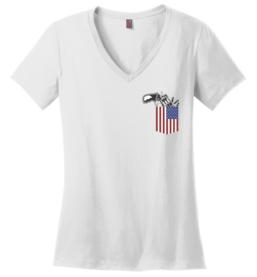 Gun in the Pocket, USA Flag-2nd Amendment Ladies V-Neck T Shirts-White