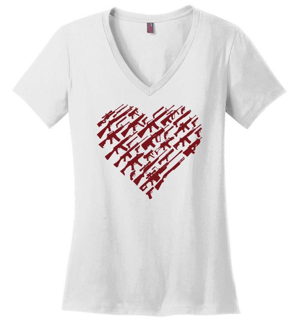 I Love Guns, Heart Made of Guns - Women's V-Neck T Shirt - White