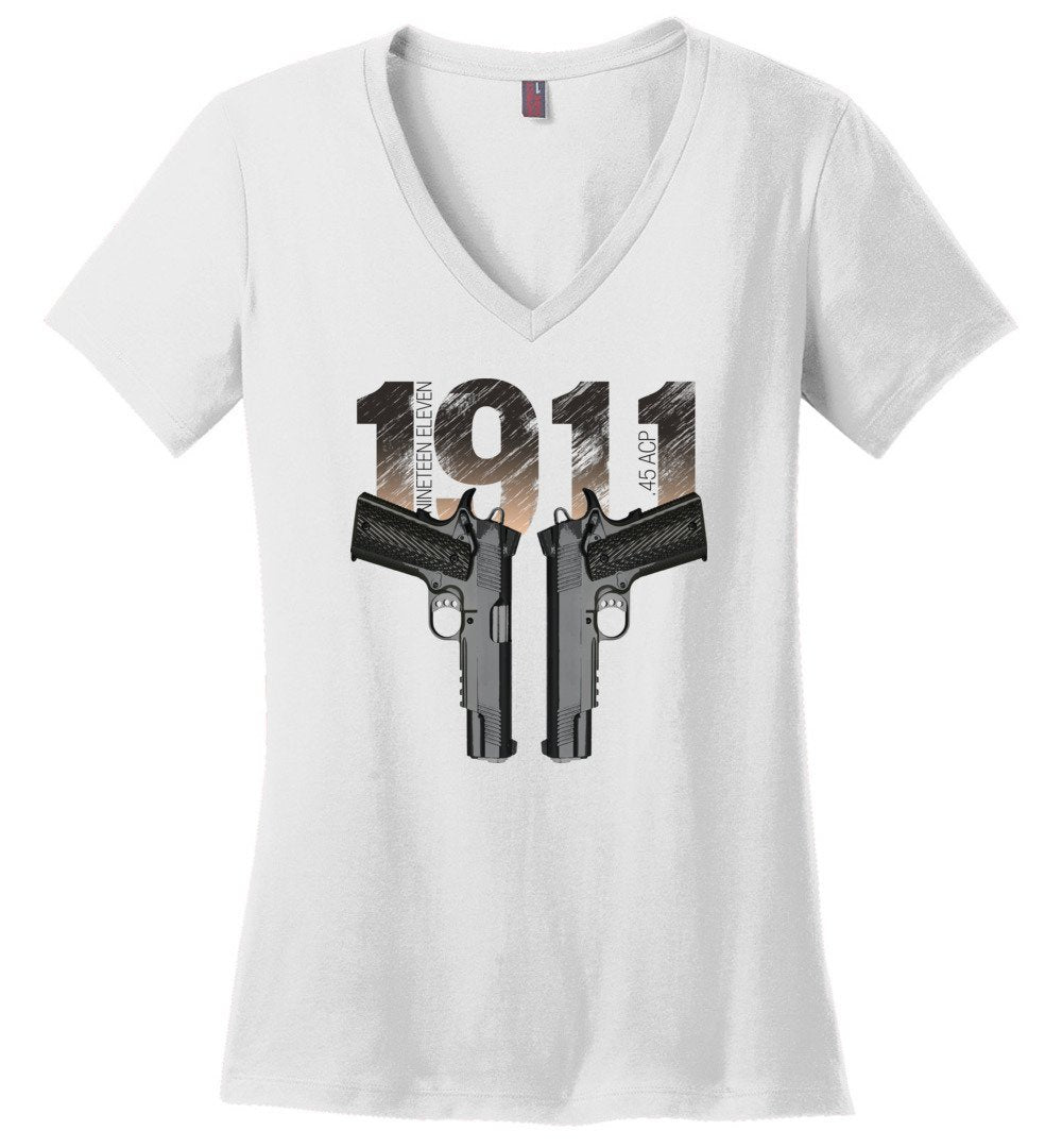 Colt 1911 Handgun 2nd Amendment Women's V-Neck Tee - White