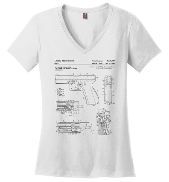 Glock Handgun Patent Women's V-Neck T Shirts - White