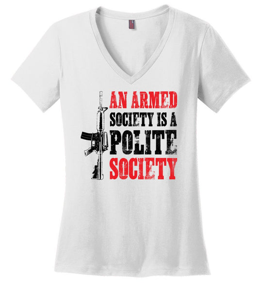 An Armed Society is a Polite Society - Shooting Ladies V-Neck Tshirt - White