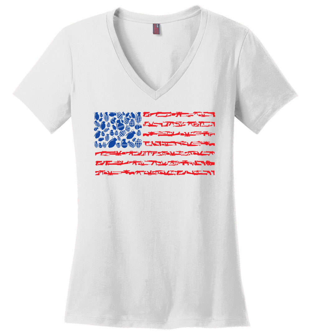 American Flag Made of Guns 2nd Amendment Women’s V-Neck Tee - White