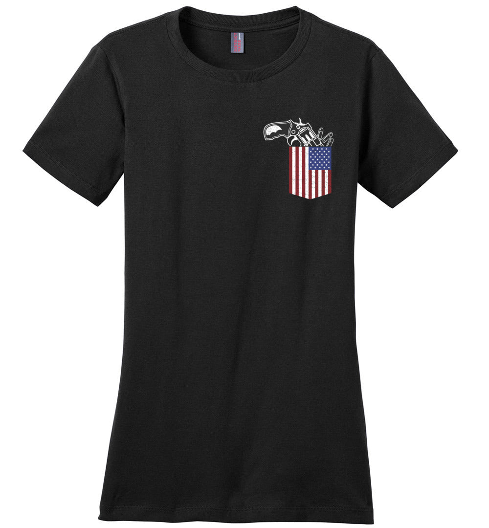 Gun in the Pocket, USA Flag-2nd Amendment Ladies T Shirts-Black