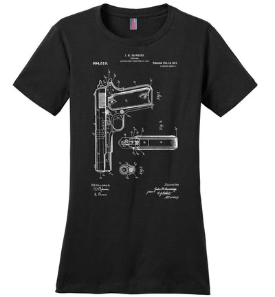 Colt Browning 1911 Handgun Patent Women's Tshirt - Black
