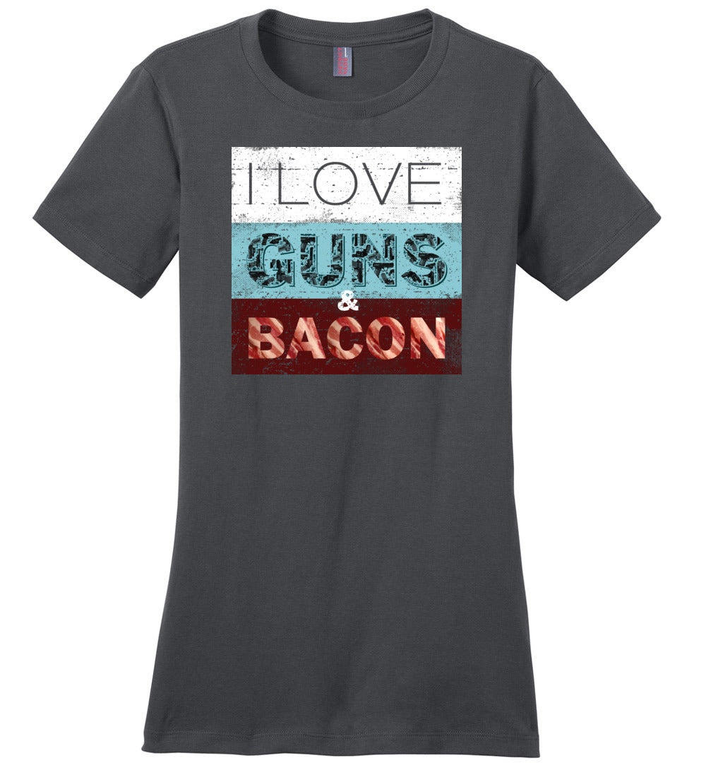 I Love Guns & Bacon - Women's Pro Firearms Apparel - Charcoal T-Shirt