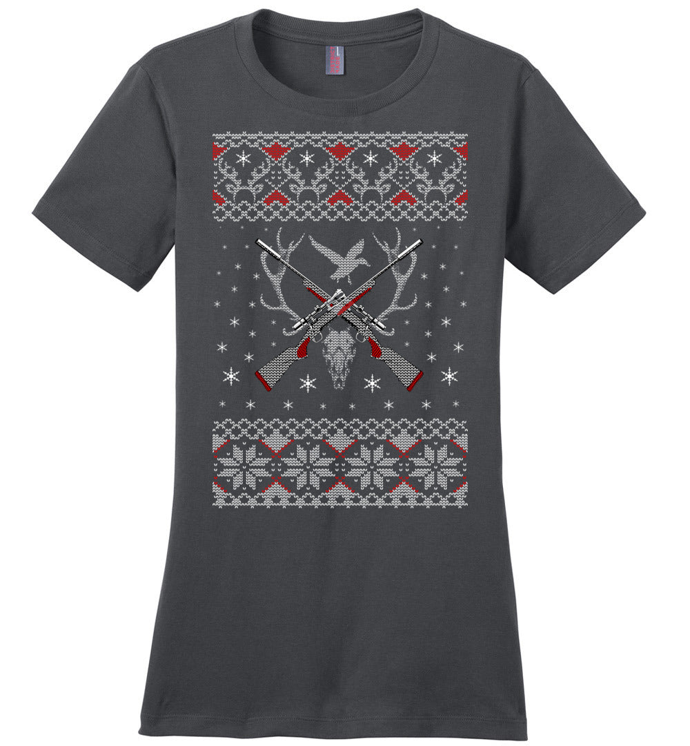 Hunting Ugly Christmas Sweater - Shooting Ladies T-Shirt - Charcoal