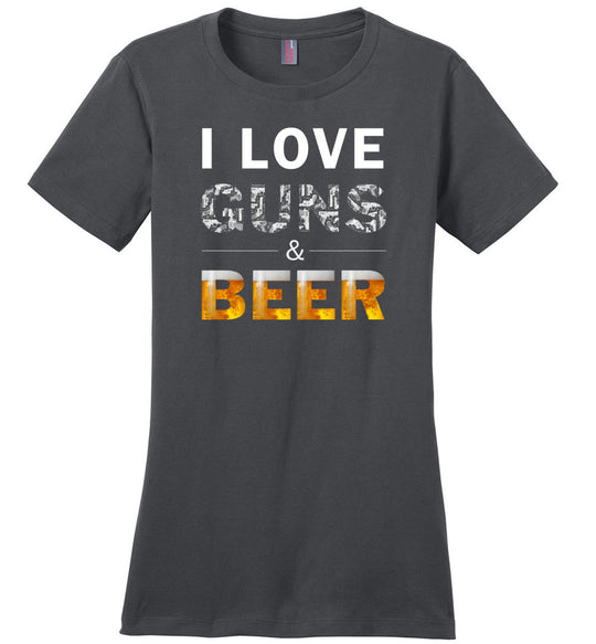I Love Guns & Beer - Women's Pro Firearms Apparel - Charcoal T Shirts