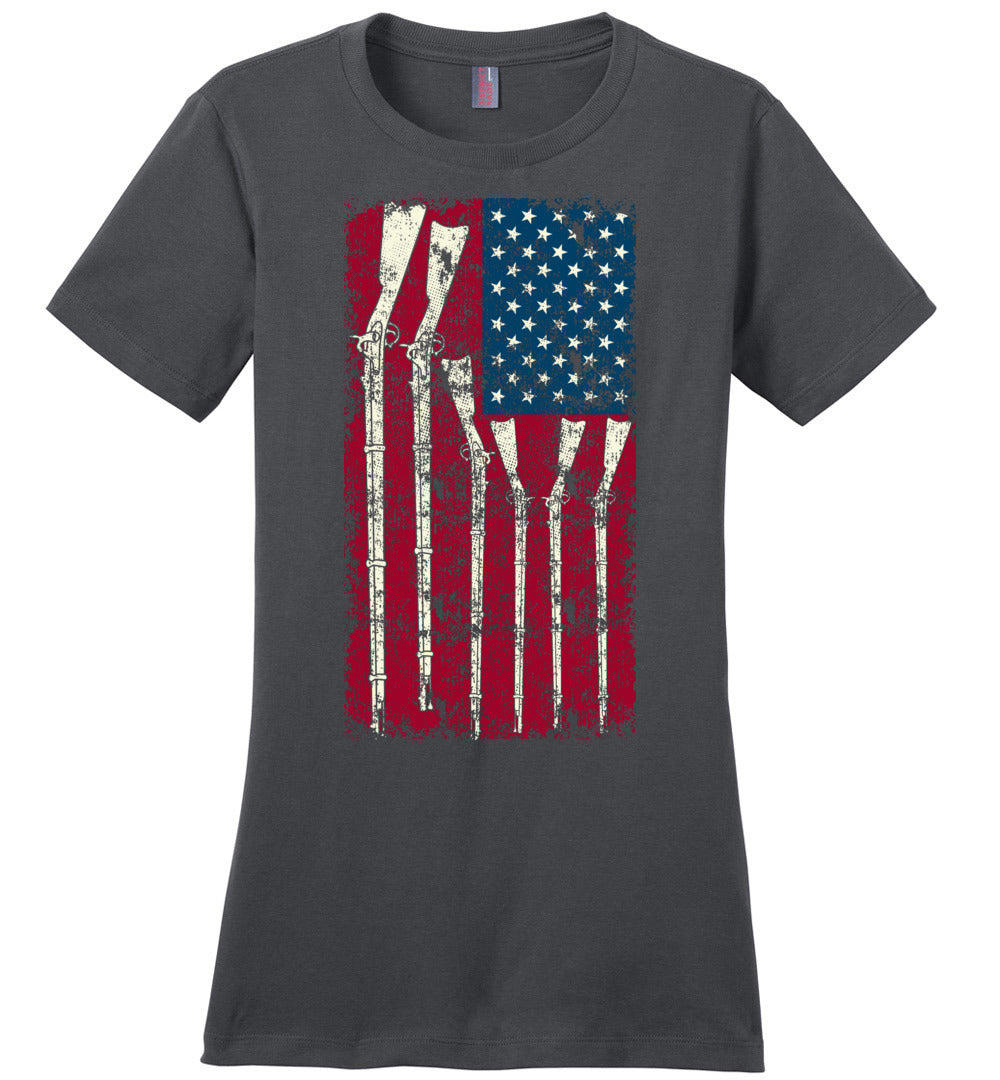 American Flag with Guns - 2nd Amendment Women's T Shirts - Dark Grey