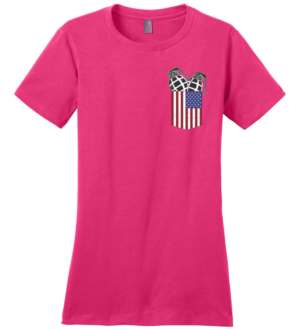 Pocket With Grenades Women's 2nd Amendment T-Shirt - Dark Fuchsia