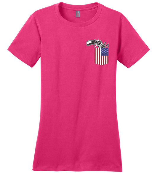Gun in the Pocket, USA Flag-2nd Amendment Ladies T Shirts-Pink