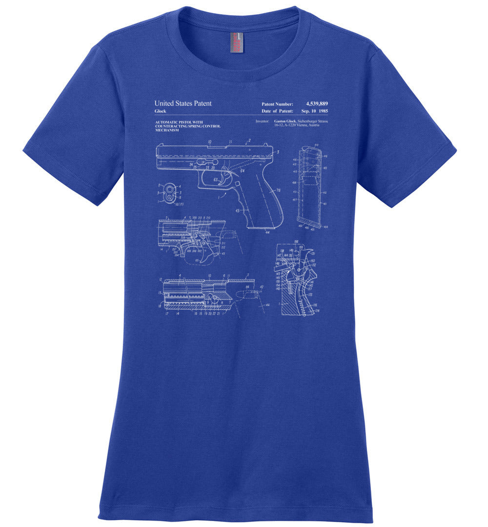 Glock Handgun Patent Women's T Shirts - Blue