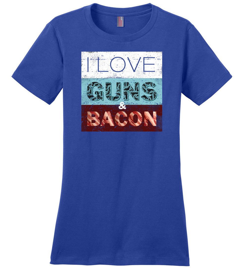 I Love Guns & Bacon - Women's Pro Firearms Apparel - Blue T-Shirt