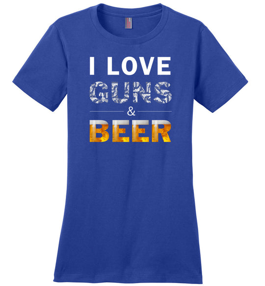 I Love Guns & Beer - Women's Pro Firearms Apparel - Blue T Shirts