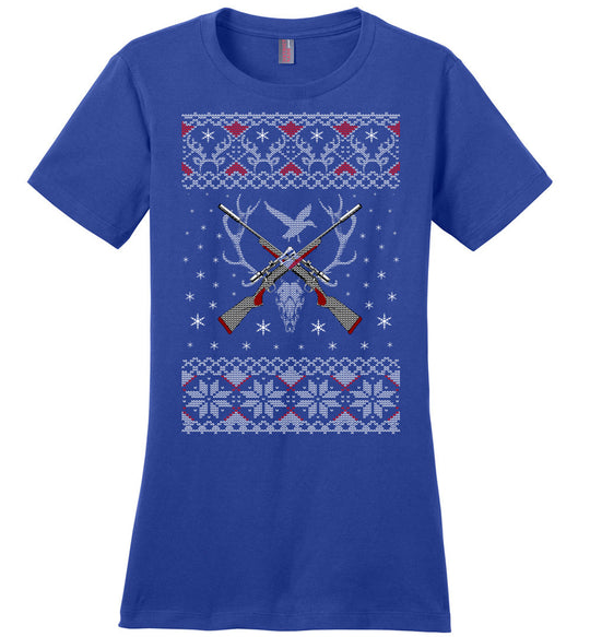 Hunting Ugly Christmas Sweater - Shooting Ladies T-Shirt - Blue