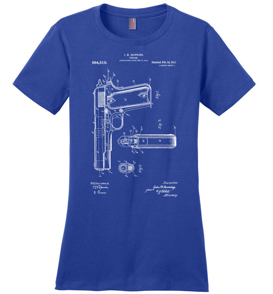 Colt Browning 1911 Handgun Patent Women's Tshirt - Blue